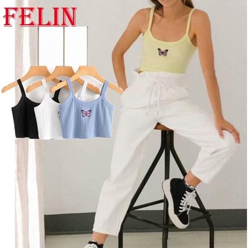 FELIN Fashion New Summer Women Za Tank Top Vintage Solid Sleeveless Butterfly Print Vest Girls Casual Chic Mujer Short Blouse