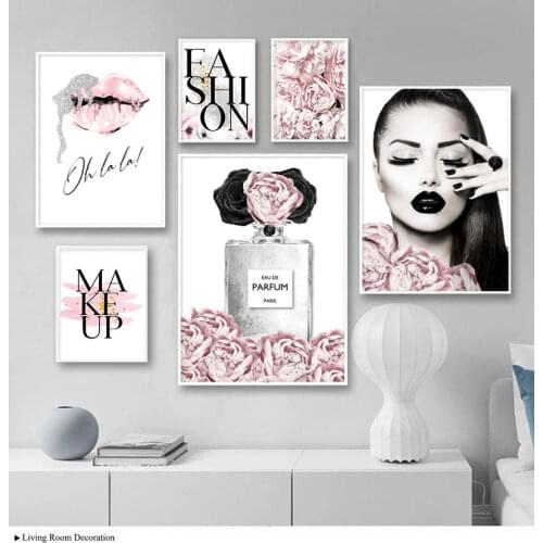 Pink Flower Perfume Fashion Lady Poster Sliver Lips Makeup Print Canvas Art Painting Wall Picture Modern Girl Room Home Decor