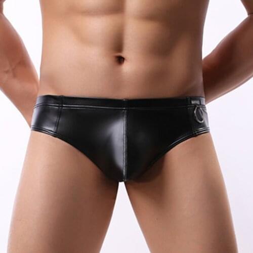 Men Stage Show Underwear Male Shorts Faux Black Leather Underpants Mini Silver Metal Ring Decoration Sexy Boxers Shorts