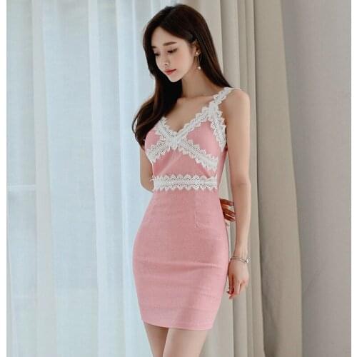 New arrival fashion korean style pencil mini dress women elegant summer sexy strap lace temperament OL sweet pink bodycon dress
