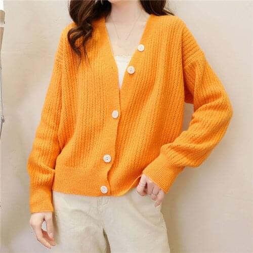 OHRYIYIE 2021 Autumn Winter New Knit Cardigan Women Loose Casual V Neck Knitted Sweater Female Fall Soft All-Match Coat Lady