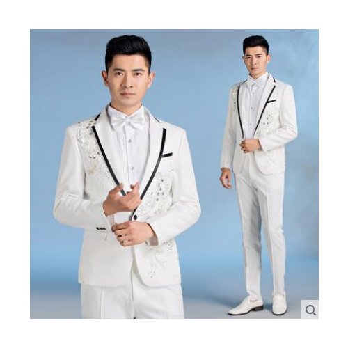 Singer stage Three-dimensional embroidery clothing men groom suit set with pants white mens wedding suits mens formal dress tie