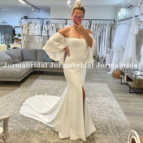 Sexy Flare Sleeves Wedding Dresses Off Shoulder Elastic Satin Mermaid Bridal Gown Front Split Chapel Train Beach Bride Dress