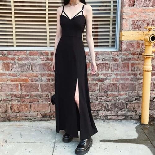 Japanese Punk Gothic Summer Dress Sexy Deep V-Neck Black Dress Women Elegant Wear Dark Halter High Waist Split Party Club Dress