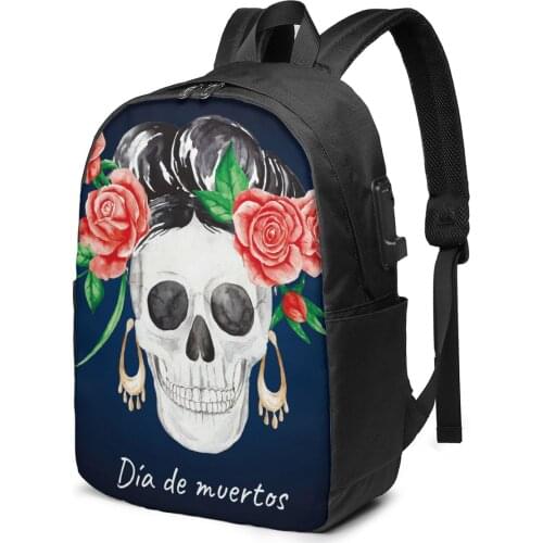 Teenage Backpack for School Boy Girl Watercolor Dia De Muertos Skull With Flowers School Bag USB Charging Bookbag