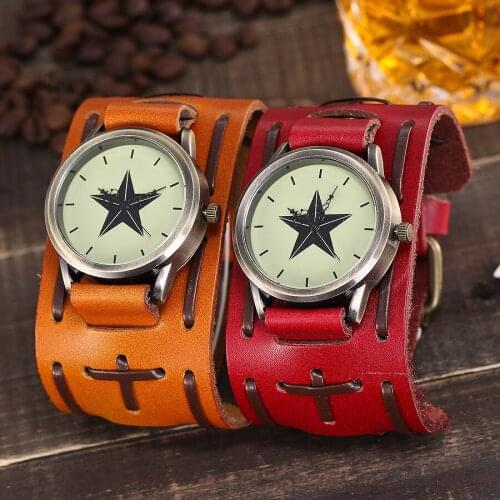 Dropshipping Punk Style Men Antique Star Dial Wrist Watches Vintage Genuine Leather Quartz Watch Relogio Masculino