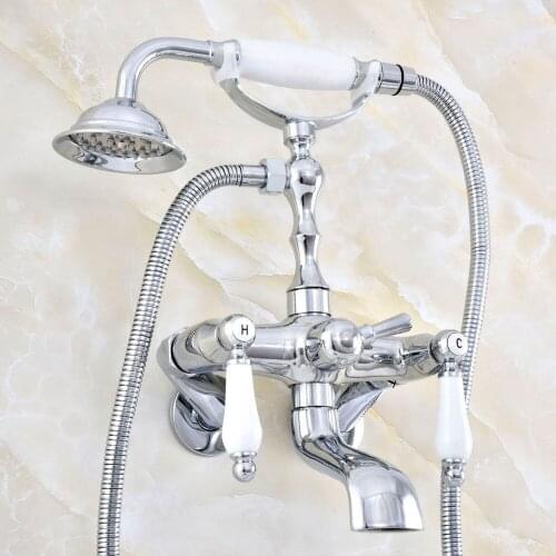 Silver Polished Chrome Brass Wall Mounted Claw Foot Bathroom Tub Faucet Mixer Tap With Handshower - Adjusts From 3-3/8" mqg420