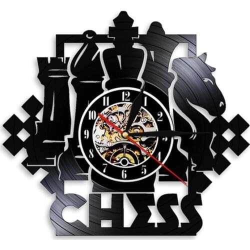 Chess Game Wall Clock Chessboard Black Pieces Strategy Player Club Chess Master Vinyl Record Wall Clock Chess Lovers Gift klok