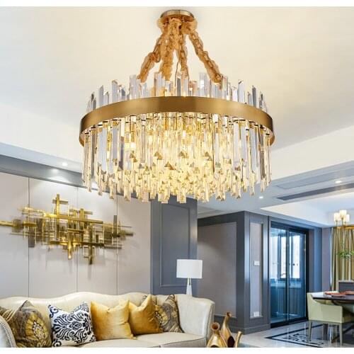 Top Luxury Crystal Light Chandelier Living Dining Room Chain Lighting Fixtures Round Brushed Gold LED Lustre