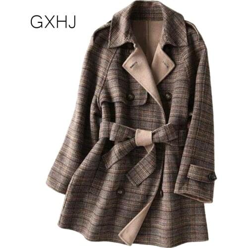 Vintage plaid coat women wool coat Fashion double-breasted with belt Outwear Office Jacket Tops Female Overcoat Casaco Feminino