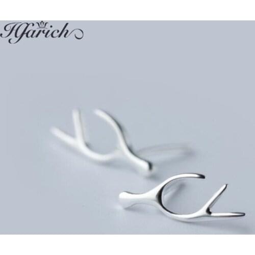 Hfarich Cute Cartoon Silver Color Deer Antlers Earrings For Women Kids Tiny Animal Stud Earrings Christmas Party Jewelry Gift