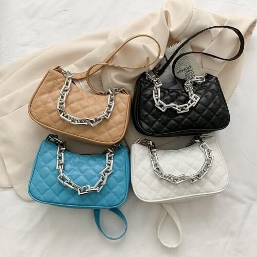 Fashion Thick Chain PU Leather Women Shoulder Handbags Totes Vintage Lattice Pattern Solid Color Ladies Shoulder Underarm Bags