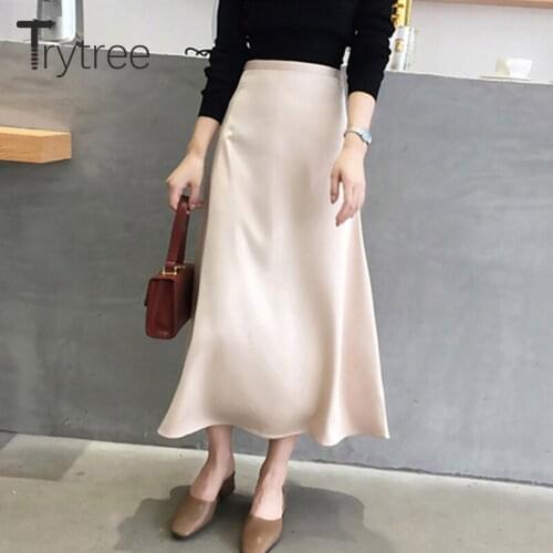 Trytree 2021 Spring Summer Casual Woman Skirt Silky Luster High Waist Zipper Fly Solid A-line Mid-Calf Office Lady Skirt Women