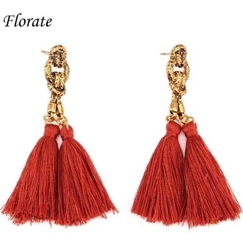 Florate Handmade Statement New Tassel Drop Earrings for Women Chunky Cotton Gold Alloy Metal Thread Designers Earrings Jewelry