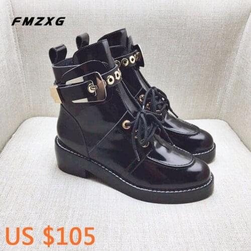 Womens High Quality Genuine Leather Boots Fashion Buckle Strap Motorcycle Boots Brand Thick Heel Wood Leisure Women Boots