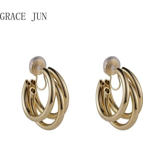 GRACE JUN New Fashion C Shape Hoop Clip on Earrings for Women Vintage Geometric Round Ear Clip Cuff No Pierced Earrings Hot Sale