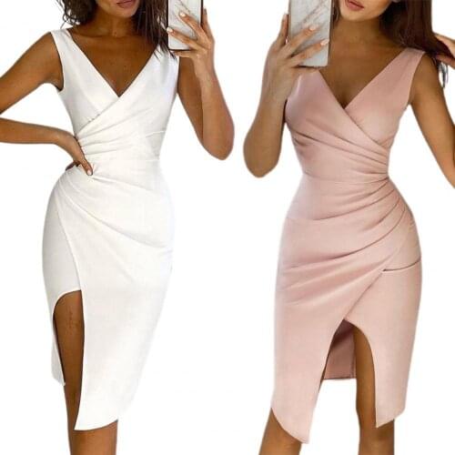 Bodycon Dress V Neck Folds Women Sleeveless Split Hem Waist Tied Dress for Wedding