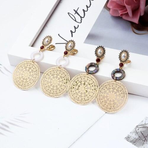 BALANBIU Hyperbole Geometric Round Hollow Pattern Brass Sheet Drop Earrings For Women Acrylic Pearl Crystal Ear Clip No Ear Hole