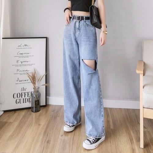 Streetwear Fashion Vintage Pants Women Jeans High Waist Ripped Loose Jeans 2021 Summer Casual Denim Trousers Wide Leg Light Blue