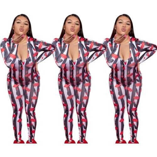 European and American Hot Style New Womens Casual Lip Printing Long-Sleeved Trousers Fashion Home Jumpsuit
