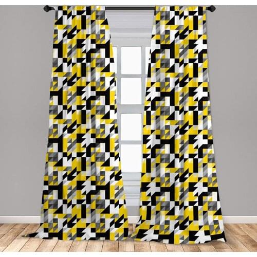 Yellow and White Window Curtains Geometric with Triangles Squares and Houndstooh Lightweight Decorative