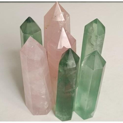 A set of Natural Green Fluorite Crystal Wand + Natural Pink Rose Quartz Crystal Wand