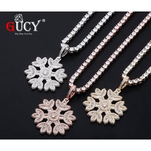 GUCY Hip Hop Snowflake Pendant Necklace Iced Out Tennis Chain Gold Color AAA Cubic Zircon Mens Women Hip hop Rock Jewelry