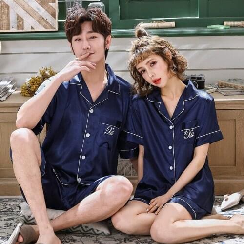 SLPBELY Silk Couple Pajamas Set Summer Casual Embroidery Pure Color Women and Men Homesuit Short Sleeve Lovers Homewear Pyjamas
