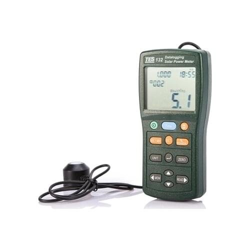 TES-132 Handheld Solar Power Meter Tester 400-1Knm Range 2000W/m2 & 634Btu/(ft2*h) Data Logger SD Card 2G USB