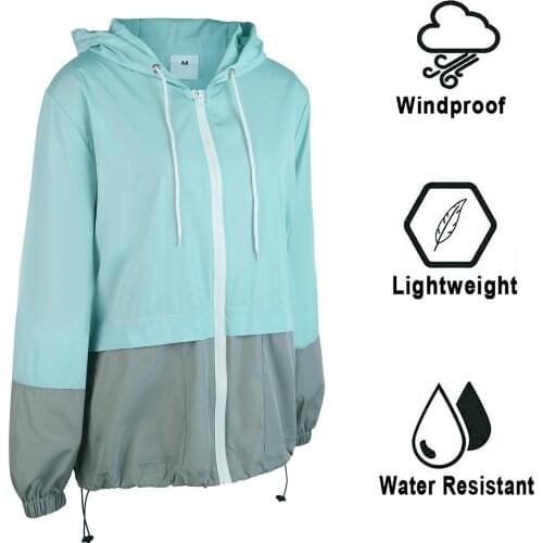 Women Packable Rain Jacket Outdoor Color Block Hooded Windbreaker with Drawstring Coats