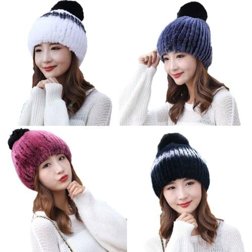 Real Rex Rabbit Fur Hats For Women Winter Warm Skullies Beanie Cap With Fox Fur pom pom
