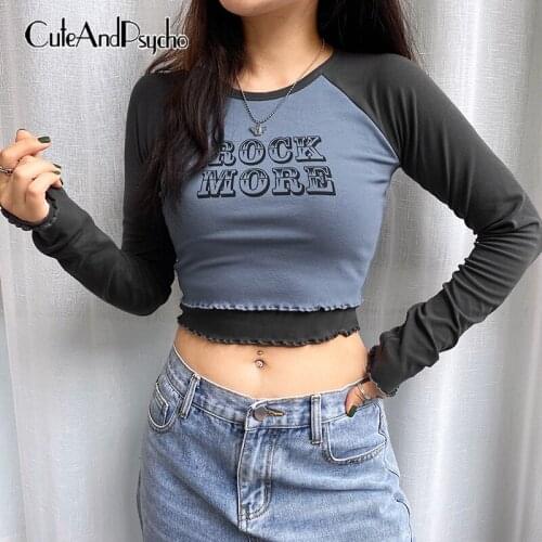 Letter Printed Womens Crop Tops for Women Vintage Patchwork Autumn Tshirts Streetwear Long Sleeves Tees Shirts Cuteandpsycho