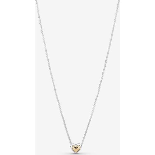100% Original 925 Sterling Silver Domed Golden Heart Collier Necklace For European Women Gift Jewelry