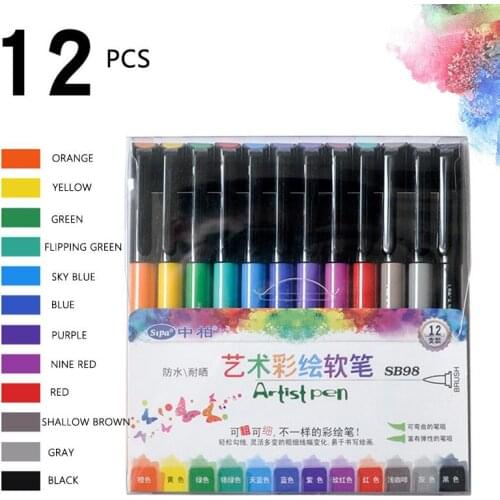 12 Color Artist Water Color Pens Soft Brush Tips Waterproof for Drawing Card Album DIY Scrawl Calligrahy Writing