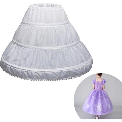 White Children Petticoat A-Line 3 Hoops One Layer Kids Crinoline Lace Trim Flower Girl Dress Underskirt Elastic Waist Drawstring