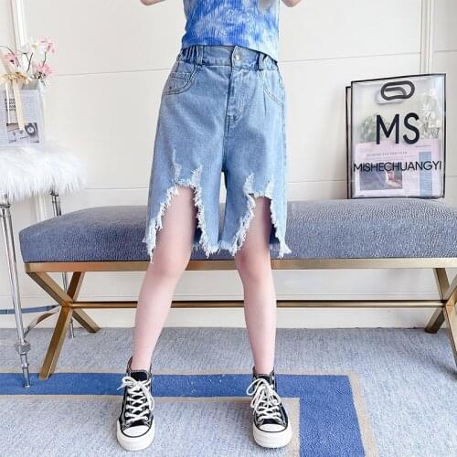 Summer new girls denim shorts teenage girl hole loose jeans pants kids trousers kids clothing for 5-14year