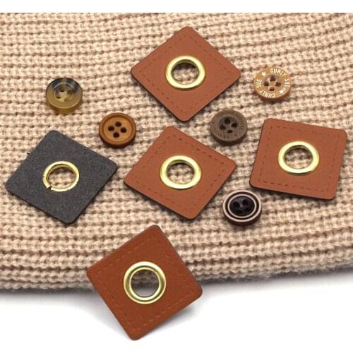 PU Leather Labels Metal Brass Eyelets Grommet Brown Handmade Label For Shoes Square Tags Sew On Clothing Patches 20Pcs 25x25MM