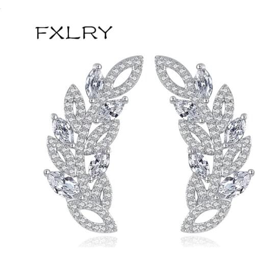 FXLRY New Romantic White Color Out micro paved Zircon Geometric Hollow Out Leaf Earrings for women Jewelry