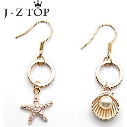 JZTOP Cute Shell Star Asymmetry Drop Earring Woman Bohemia Starfish Imitation Pearls Tassel Dangle Earring Gold Color Jewelry