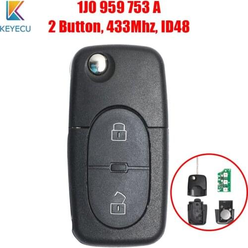 Keyecu 1J0 959 753 A Car Remote Key for Volkswagen VW Lupo Bora Passat Polo Golf Beetle 2 Buttons 433Mhz ID48 Chip 1J0959753A