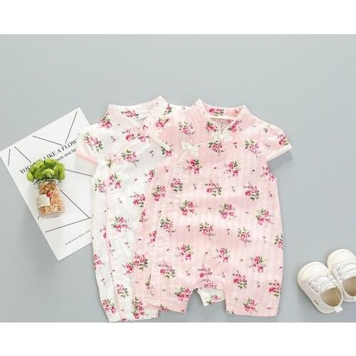 Chinese Style Rompers Summer Female Baby Short Sleeve Robes Cheongsam Cotton Baby Girl Print Jumpsuit 2 colors