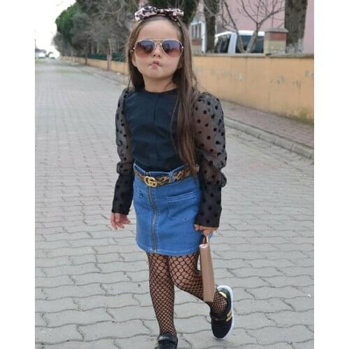 2PCS Toddler Girls Summer Clothes, Long Sleeve Crew Neck Tops + Zip Up Denim Skirt Set