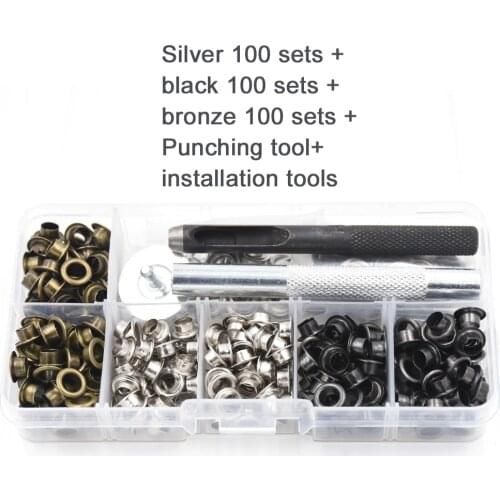 300 sets 3.5-5mm metal eyelets and installation tools Silver black bronze mixed packaging Rivets Metal hole Eyelet tool Buttons