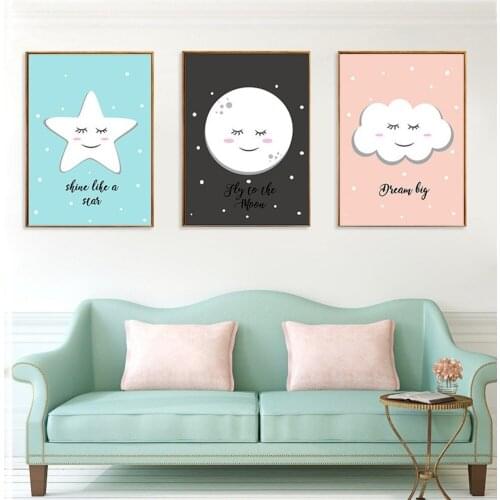 Cute Cartoon Pattern Canvas Painting Small Fresh Stars Moon Clouds Poster Childrens Room Kindergarten Wall Decoration Pictures