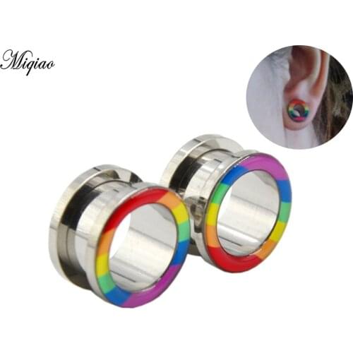 Miqiao 2pcs Thread Piercing Jewelry Stainless Steel External Teeth Pulley Ear Expander Rainbow Oil Drop Auricle Hot Sale
