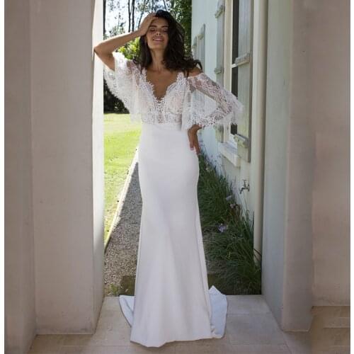 New Summer Beach Lace Wedding Dresses V Neckline Backless Bohemian Bridal Gowns Sweep Train 2021 Bride Dress Robe de Mariee