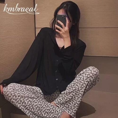 Pajamas for Women Cotton Knit Cartoon Sleepwear Autumn Spring Leisure Loungewear Long Sleeve Top + Pant Homewear Plus Size 2xl
