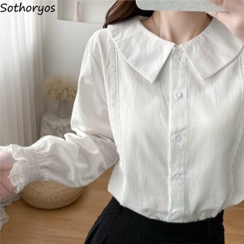 Shirts Women Solid Sweet Lace Peter Pan Collar Casual Fashion Retro Puff Sleeve Single Breasted Fairy All-match Korean Style Ins