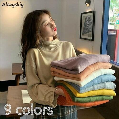 Sweaters Women Chic Solid Knitwear Popular Lady Clothes Turtleneck 9 Colors Simple Warm Knitting Sweet Leisure Basic Teens Fall