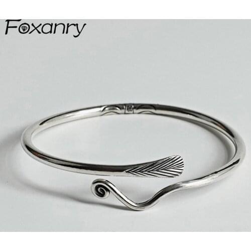 Foxanry Vintage Punk 925 Sterling Silver Bracelet New Trendy Creative Peacock Feather Pattern Party Jewelry Gifts Adjustable